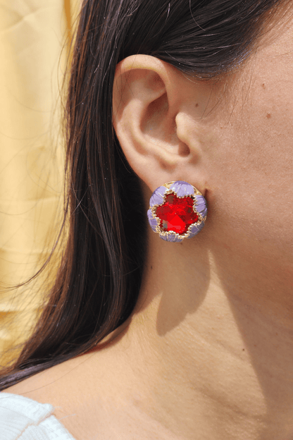 Purple Enamel Studs with Red Austrian Crystal