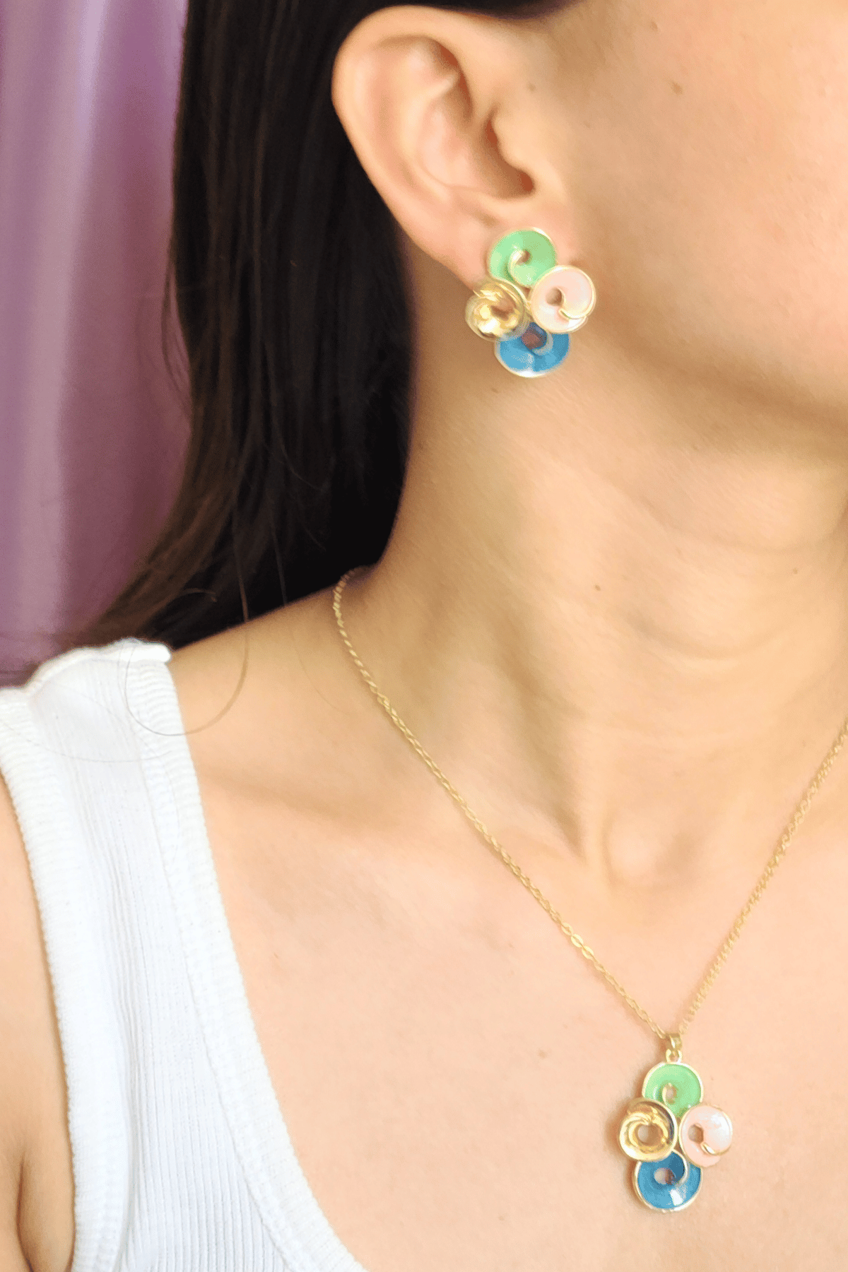 Multi-coloured Enamel Pendant with Earrings