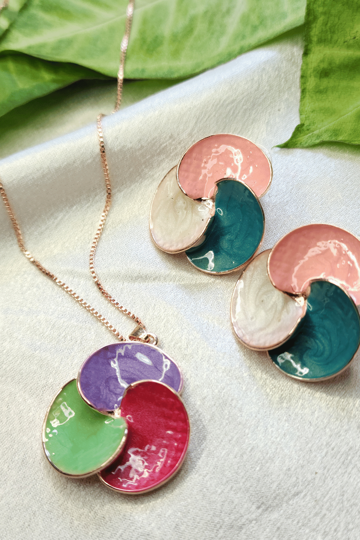 Multi-Coloured Enamel Pendant & Earrings with Gold Chain