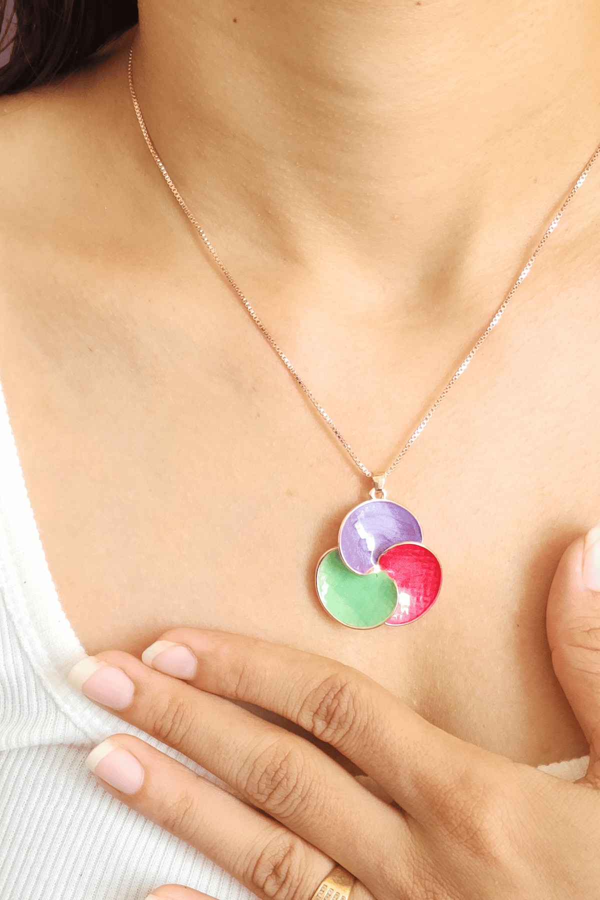 Multi-Coloured Enamel Pendant & Earrings with Gold Chain