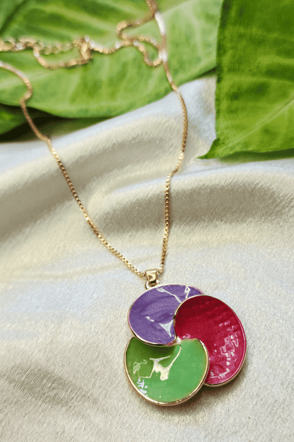 Multi-Coloured Enamel Pendant & Earrings with Gold Chain