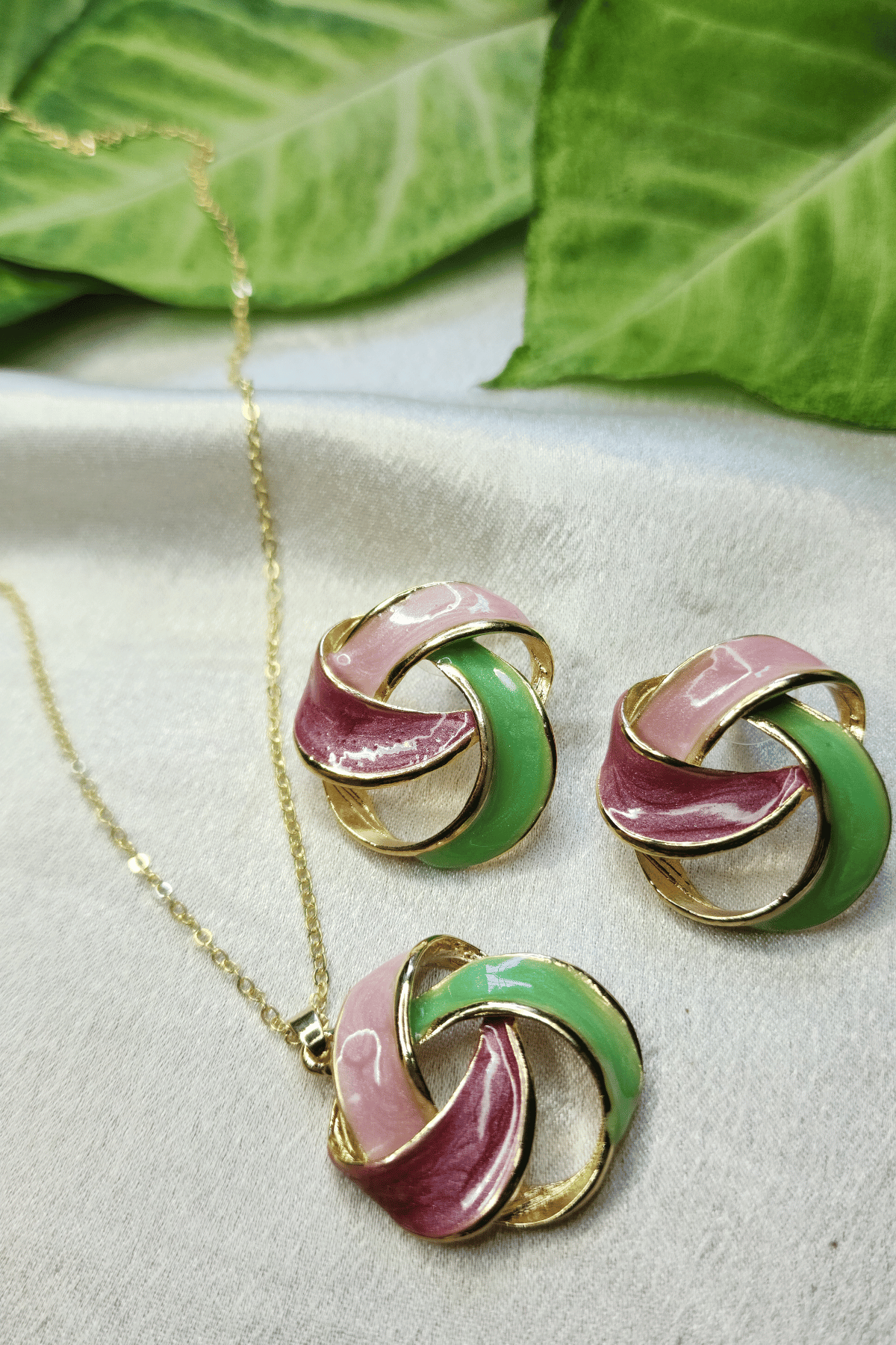 Multi-Coloured 3D Enamel Pendant & Earrings with Gold Chain