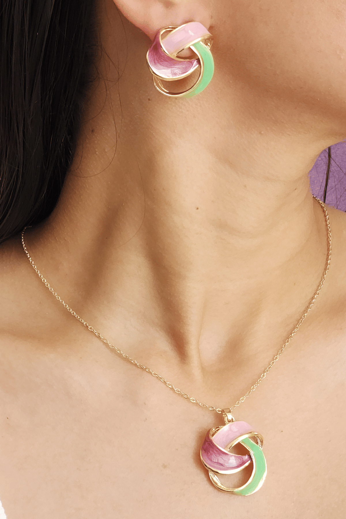 Multi-Coloured 3D Enamel Pendant & Earrings with Gold Chain