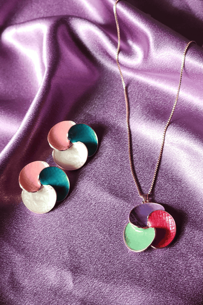 Multi-Coloured Enamel Pendant & Earrings with Gold Chain