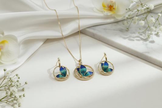 Anamor Blue Enamel Butterfly Pendant and Earrings Set, 18K Gold Plated CZ Jewellery – AdorniaNX