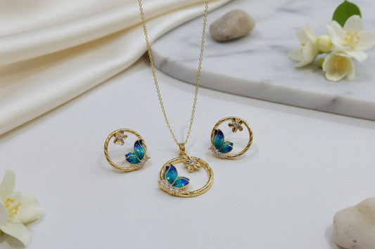 Elegant Butterfly Pendant and Earrings Set with Blue Enamel and CZ – AdorniaNX