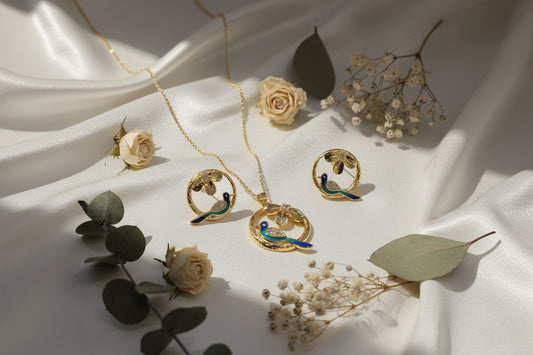 Peacock Motif Pendant and Earrings Set with Blue Enamel, 18K Gold Plated CZ – AdorniaNX