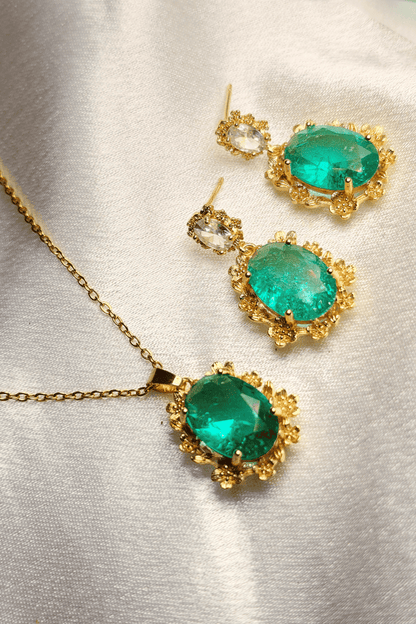 Emerald Pendant with Earrings - Gold